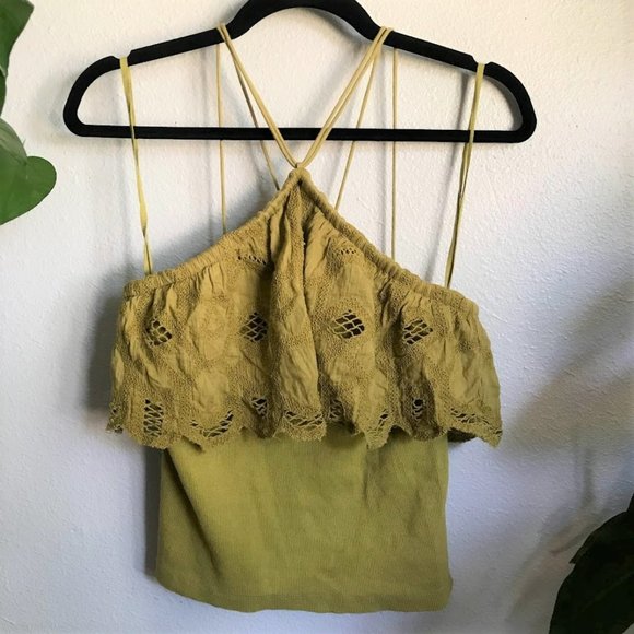 Anthropologie Ruffled Halter Lace Green Tank Top/ Boho Summer Spring Cottagecore - Picture 2 of 9